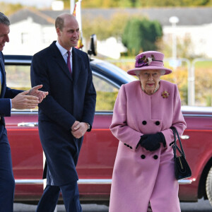 La reine Elizabeth II d'Angleterre et le prince William, duc de Cambridge, visitent le laboratoire des sciences et de la technologie de la défense (DSTL) à Porton Down, le 15 octobre 2020. Cette visite a pour but de voir l'enceinte énergétique, l'affichage des armes, les tactiques utilisées dans le contre-espionnage, ainsi que de rencontrer le personnel impliqué dans l'incident de Salisbury Novichok. La reine Elizabeth II d'Angleterre, arrivée séparément de son petit-fils, mène ici son premier engagement public à l'extérieur d'une résidence royale en sept mois, avant que la pandémie de coronavirus (Covid-19) ne frappe le pays. À cette occasion, aucun des deux ne portait de masque de protection contre le virus.