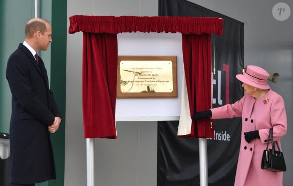 La reine Elizabeth II d'Angleterre et le prince William, duc de Cambridge, visitent le laboratoire des sciences et de la technologie de la défense (DSTL) à Porton Down, le 15 octobre 2020. Cette visite a pour but de voir l'enceinte énergétique, l'affichage des armes, les tactiques utilisées dans le contre-espionnage, ainsi que de rencontrer le personnel impliqué dans l'incident de Salisbury Novichok. La reine Elizabeth II d'Angleterre, arrivée séparément de son petit-fils, mène ici son premier engagement public à l'extérieur d'une résidence royale en sept mois, avant que la pandémie de coronavirus (Covid-19) ne frappe le pays. À cette occasion, aucun des deux ne portait de masque de protection contre le virus.