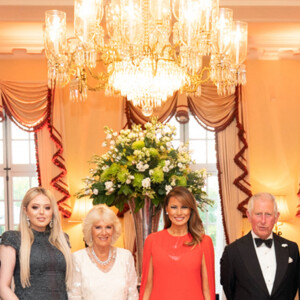 Le président Donald J. Trump et la première dame Melania Trump en famille avec le prince de Galles de Grande-Bretagne, la duchesse de Cornouailles, le mardi 4 juin 2019 à Winfield House à Londres.