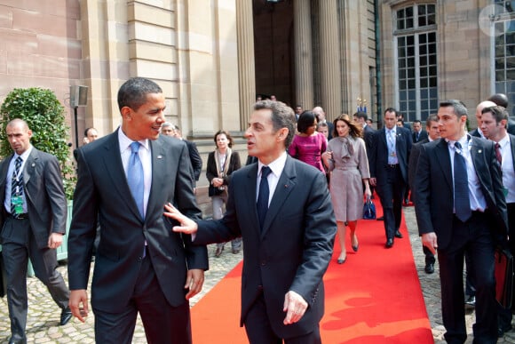 Barack Obama et Nicolas Sarkozy au palais Rohan a Strasbourg. Le 3 avril 2009