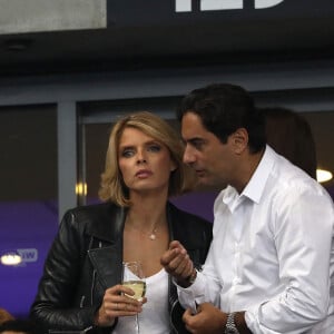 Sylvie Tellier (directrice générale de la Société Miss France et Miss France 2002) et son mari Laurent dans les tribunes du stade de France lors du match de ligue des nations opposant la France à l'Allemagne à Saint-Denis, Seine Saint-Denis, France, le 16 octobre 2018. La France a gagné 2-1.