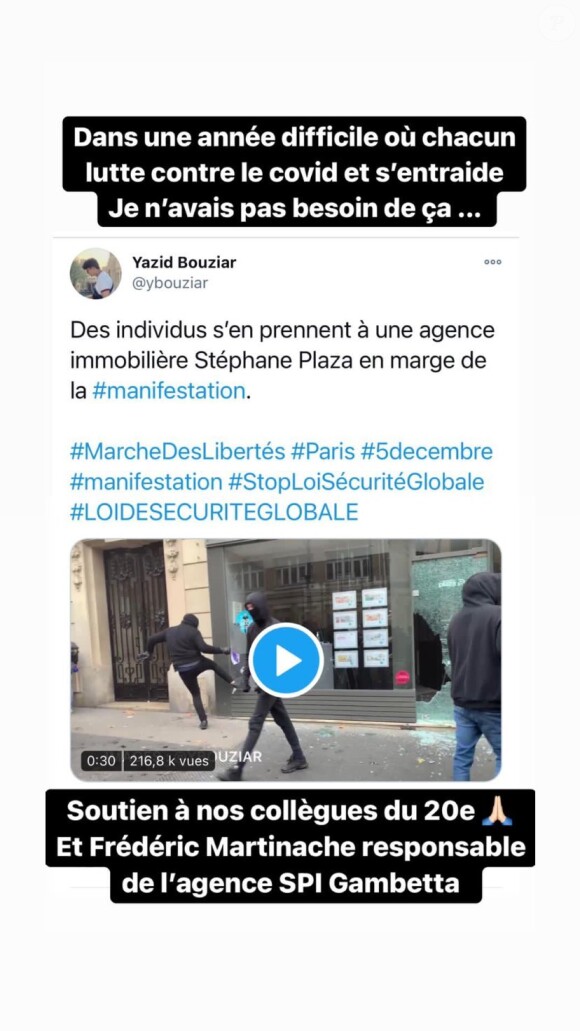 Stéphane Plaza enrage après que deux vitrines de ses agences immobilières ne soient brisées par des casseurs, en marge de la manifestation parisienne contre la loi Sécurité Globale.