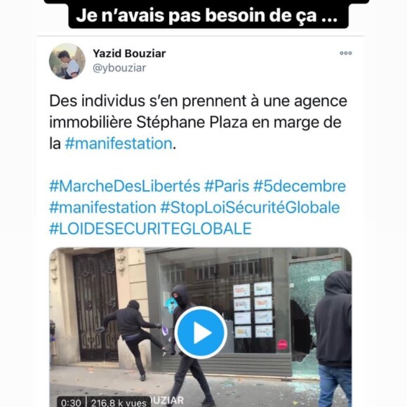 Stéphane Plaza enrage après que deux vitrines de ses agences immobilières ne soient brisées par des casseurs, en marge de la manifestation parisienne contre la loi Sécurité Globale.