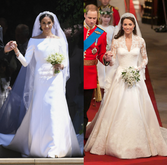 Meghan Markle lors de son mariage avec le prince Harry à Windsor - Kate Middleton lors de son mariage avec le prince William à Londres.
