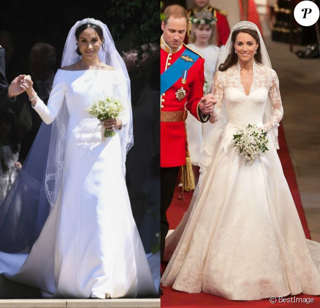 Meghan Markle lors de son mariage avec le prince Harry à Windsor - Kate Middleton lors de son mariage avec le prince William à Londres.