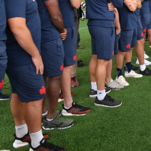 Bernard Laporte (président de la Fédération Française de Rugby à XV), Emmanuel Macron, président de la République Française et Roxana Maracineanu, ministre des Sports, visitent le centre d'entrainement du XV de France. Marcoussis, le 5 septembre 2019. © Liewig/Pool/Bestimage