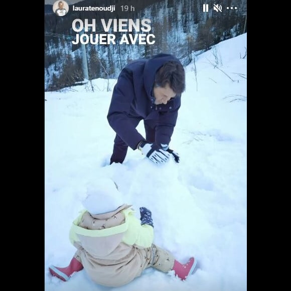 Laura Tenoudji en vacances à la montagne avec sson mari Christian Estrosi, leur fille Bianca, et son fils Milan.