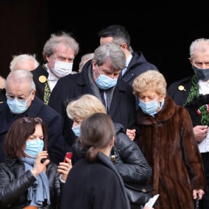 Xavier Darcos, Hélène Carrère d'Encausse, Brigitte Macron et José Pietroboni - Sorties de la messe anniversaire à la mémoire de Pierre Cardin en l'église de La Madeleine à Paris. Le 29 janvier 2021