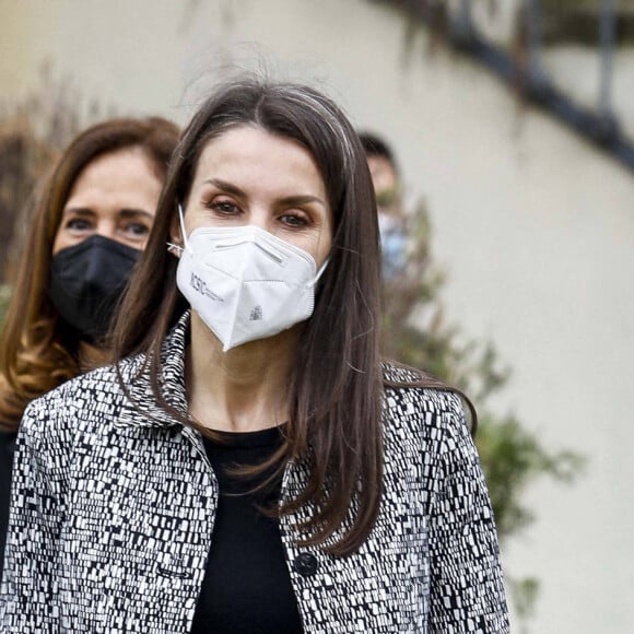 La reine Letizia d'Espagne arrive pour une réunion de la fondation pour l'aide contre la toxicomanie au siège de la FAD à Madrid, Espagne, le 2 février 2021.