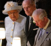La reine Elisabeth II d'Angleterre, le prince Philip, duc d'Edimbourg, le prince Charles, prince de Galles - Cérémonie de mariage de la princesse Eugenie d'York et Jack Brooksbank en la chapelle Saint-George au château de Windsor le 12 octobre 2018. 