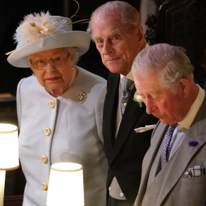 La reine Elisabeth II d'Angleterre, le prince Philip, duc d'Edimbourg, le prince Charles, prince de Galles - Cérémonie de mariage de la princesse Eugenie d'York et Jack Brooksbank en la chapelle Saint-George au château de Windsor le 12 octobre 2018. 