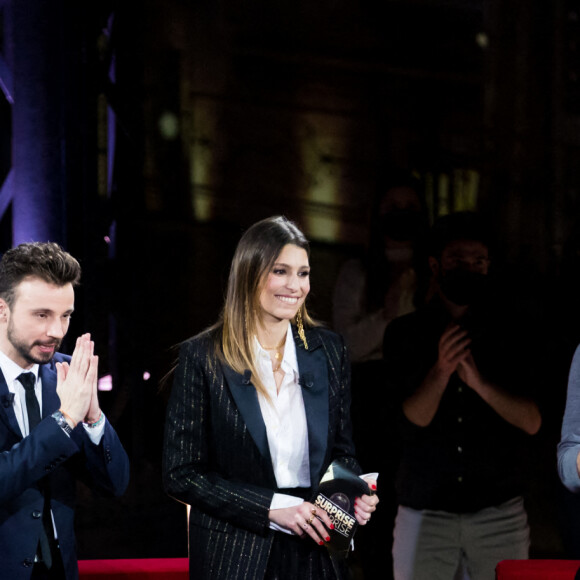 Exclusif - Donel Jack'Sman, Laury Thilleman, Gus le magicien, Michel Cymes, Tom Villa - Enregistrement de l'émission "Surprise Sur Prise" à l'Atelier des Lumières à Paris, qui sera diffusée le 27 février sur France 2. Le 15 février 2021 © Tiziano Da Silva / Bestimage 