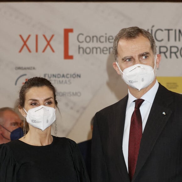 Le roi Felipe VI d'Espagne, la reine Letizia lors du 19ème concert "In Memoriam" en hommage aux victimes du terrorisme à l'auditorium national à Madrid le 10 mars 2021.