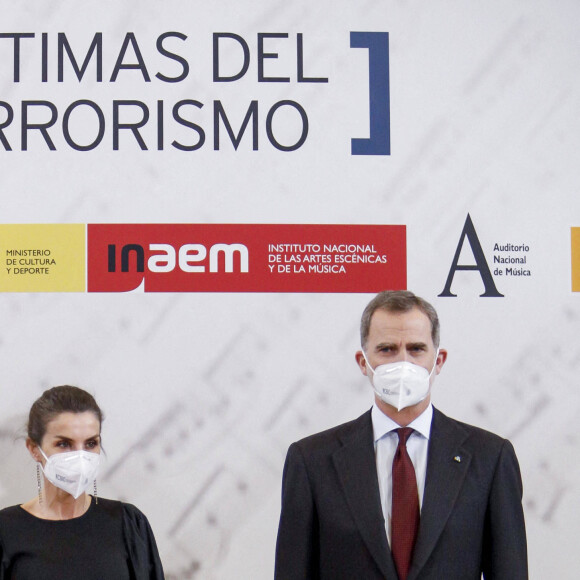 La reine Letizia d'Espagne à son arrivée au 19ème concert "In Memorian" en hommage aux victimes du terrorisme à l'Auditorium national à Madrid. Le 10 mars 2021 