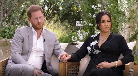 Meghan Markle et le prince Harry lors de l'entretien "Meghan & Harry" avec la présentatrice américaine Oprah Winfrey, diffusé le 7 mars 2021. © Capture TV CBS via Bestimage