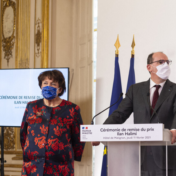 Jean Castex, Premier minstre, Roselyne Bachelot, ministre de la Culture et Elisabeth Moreno, ministre déléguée auprès du Premier ministre, chargée de l'Égalité entre les femmes et les hommes, de la Diversité et de l'Égalité des chances assistent à la remise du Prix Ilan Halimi à l'Hotel Matignon à Paris, France, le 11 février 2021. © Pierre Perusseau/Bestimage