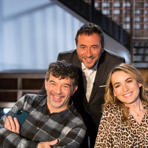 Stéphane Plaza, Bernard Montiel et Laetitia Barlerin lors de l'enregistrement de l'émission "Animaux Stars" présentée par Bernard Montiel et diffusée le 3 avril 2021 à 17h30, à Paris, France, le 2 février 2021. © Tiziano Da Silva/Bestimage 