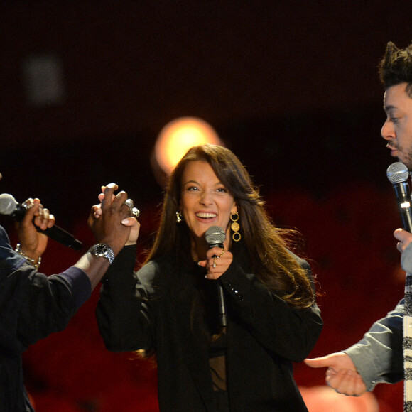 Exclusif - Camille Lellouche, Kev Adams et Black M au livestream "CamKev Comedy and Songs" diffusé sur la plateforme de streaming Gigson.live, au théâtre Mogador. Paris, France, le 5 avril 2021. © Veeren/Bestimage