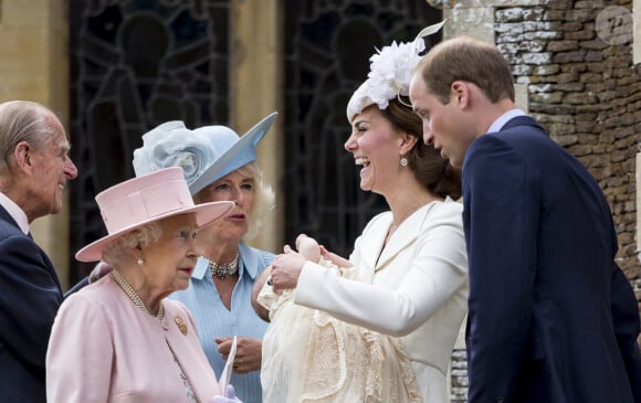 Le prince Philip, duc d'Edimbourg, la reine Elisabeth II, Camilla Parker Bowles, la duchesse de Cornouailles, Catherine Kate Middleton, la duchesse de Cambridge, le prince William, la princesse Charlotte de Cambridge - Sorties après le baptême de la princesse Charlotte de Cambridge à l'église St. Mary Magdalene à Sandringham, le 5 juillet 2015.