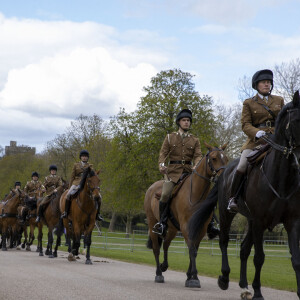 The Kings Troop Royal Horse Artillery lors des répétitions pour les funérailles du prince Philip, duc d'Edimbourg, au château de Windsor, Royaume Uni, le 15 avril 2021.