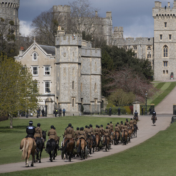 The Kings Troop Royal Horse Artillery lors des répétitions pour les funérailles du prince Philip, duc d'Edimbourg, au château de Windsor, Royaume Uni, le 15 avril 2021.