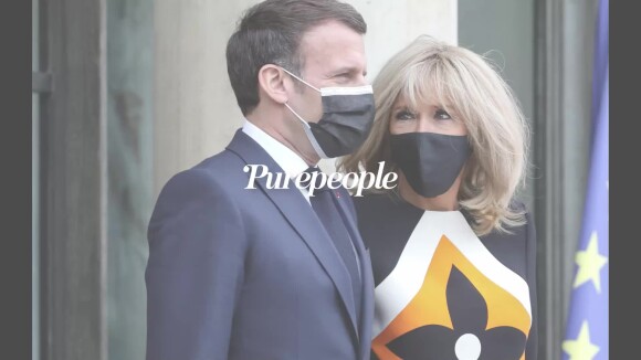 Brigitte Macron surprend avec une robe graphique au bras d'Emmanuel pour un déjeuner à l'Elysée