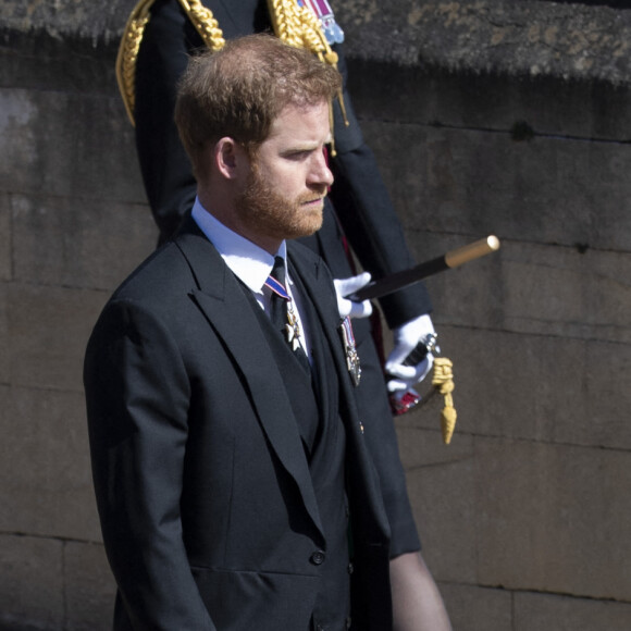 Le prince Harry, duc de Sussex, Peter Phillips, le prince William, duc de Cambridge - Arrivées aux funérailles du prince Philip, duc d'Edimbourg à la chapelle Saint-Georges du château de Windsor, le 17 avril 2021. 