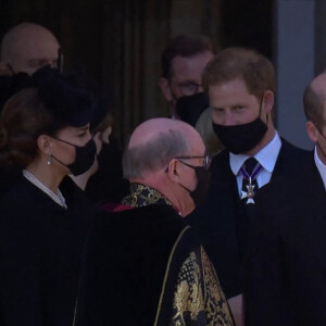 Le prince William, duc de Cambridge, et le prince Harry, duc de Sussex, Sorties des funérailles du prince Philip, duc d'Edimbourg à la chapelle Saint-Georges du château de Windsor, Royaume Uni, le 17 avril 2021. 