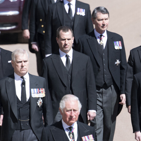 Le prince Charles, prince de Galles, le prince Andrew, duc d'York, le prince William, duc de Cambridge, David Armstrong-Jones, comte de Snowdon, Peter Phillips, la princesse Anne, le prince Edward, comte de Wessex, le prince Harry, duc de Sussex, Sir Timothy Laurence - Arrivées aux funérailles du prince Philip, duc d'Edimbourg à la chapelle Saint-Georges du château de Windsor, Royaume Uni, le 17 avril 2021. 