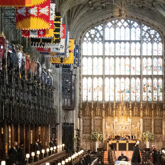 Funérailles du prince Philip, duc d'Edimbourg à la chapelle Saint-Georges du château de Windsor, Royaume Uni, le 17 avril 2021.