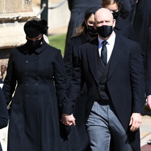 Zara Phillips (Tindall) et Mike Tindall - Arrivées aux funérailles du prince Philip, duc d'Edimbourg à la chapelle Saint-Georges du château de Windsor, le 17 avril 2021.