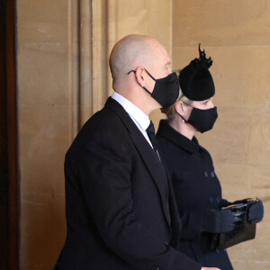 Zara Phillips (Tindall) et Mike Tindall - Arrivées aux funérailles du prince Philip, duc d'Edimbourg à la chapelle Saint-Georges du château de Windsor, le 17 avril 2021.