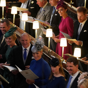 La reine Elisabeth II d'Angleterre et le prince Philip, duc d'Edimbourg, Le prince William, duc de Cambridge, et Catherine (Kate) Middleton, duchesse de Cambridge, Le prince Harry, duc de Sussex, et Meghan Markle, duchesse de Sussex, la princesse Anne, Sarah Ferguson, duchesse d'York et la princesse Beatrice d'York, Peter Phillips, Autumn Phillips, Mike Tindall, Zara Tindall, Lady Louise Mountbatten-Windsor et le prince Pavlos de Grèce - Cérémonie de mariage de la princesse Eugenie d'York et Jack Brooksbank en la chapelle Saint-George au château de Windsor, Royaume Uni le 12 octobre 2018.