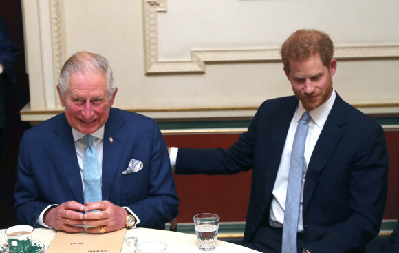 Le prince Charles, prince de Galles et le prince Harry lors d'une discussion sur les crimes violents commis par des jeunes lors d'un forum tenu à Clarence House à Londres le 12 décembre 2018.
