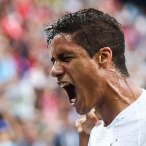 Raphaël Varane, Antoine Griezmann et Kylian Mbappé - Match de quarts de finale de la Coupe du monde 2018 opposant la France à l'Uruguay au stade de Nijni Novgorod  le 6 juillet 2018. La France a gagné 2-0.