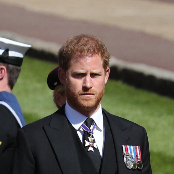 Le prince Harry, duc de Sussex, - Arrivées aux funérailles du prince Philip, duc d'Edimbourg à la chapelle Saint-Georges du château de Windsor, le 17 avril 2021.