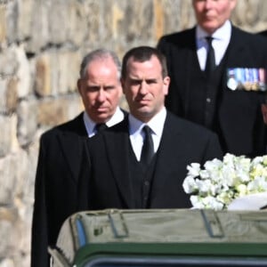 Le prince Charles, prince de Galles, le prince Andrew, duc d'York, le prince William, duc de Cambridge, David Armstrong-Jones, comte de Snowdon, Peter Phillips, la princesse Anne, le prince Edward, comte de Wessex, le prince Harry, duc de Sussex, Sir Timothy Laurence - Arrivées aux funérailles du prince Philip, duc d'Edimbourg à la chapelle Saint-Georges du château de Windsor, , Royaume Uni, le 17 avril 2021.