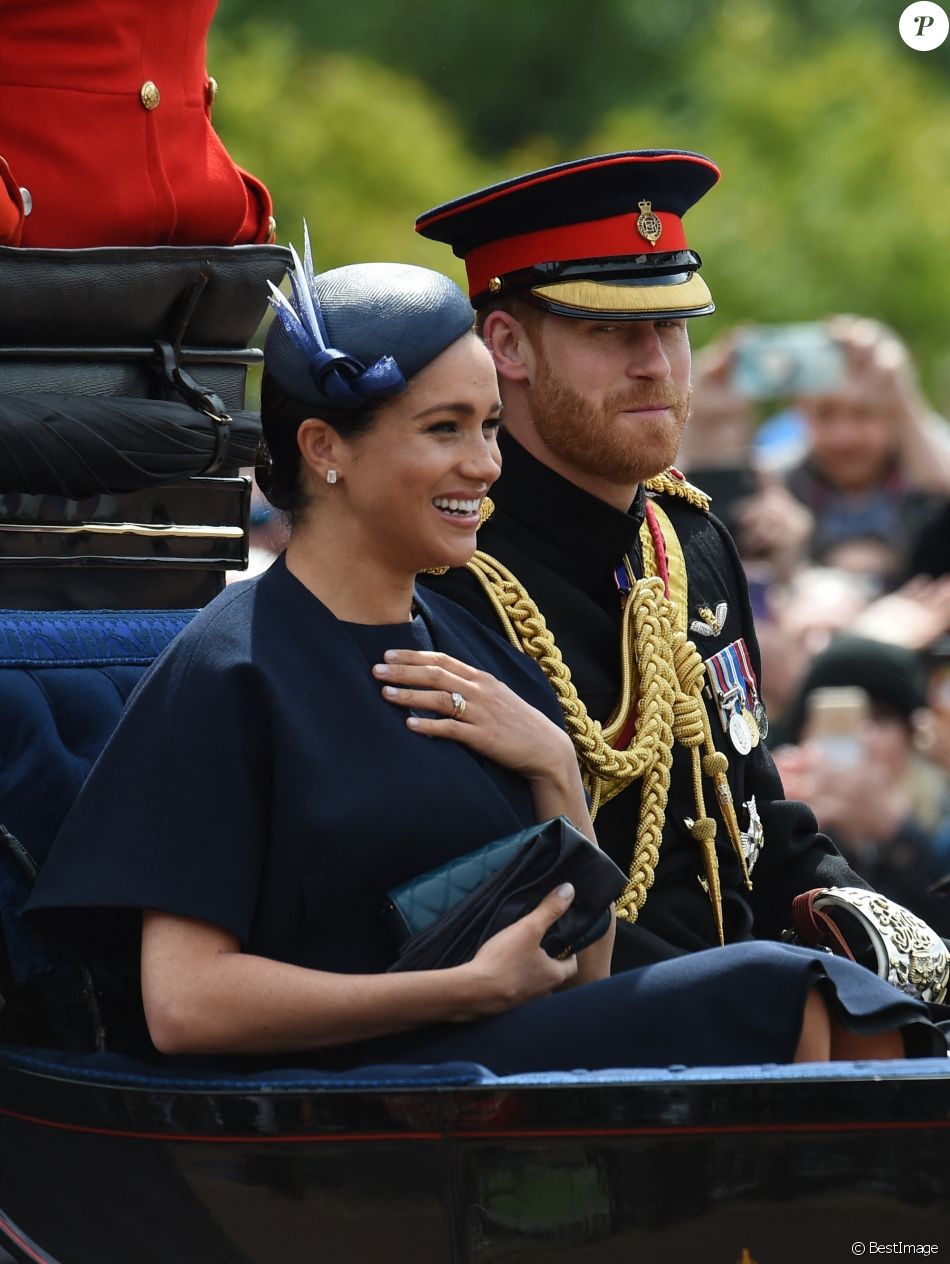 Le prince Harry, duc de Sussex, et Meghan Markle, duchesse de Sussex, première apparition publique de la duchesse depuis la naissance du bébé royal Archie lors de la parade Trooping the Colour 2019, célébrant le 93ème anniversaire de la reine Elisabeth II, au palais de Buckingham, Londres, le 8 juin 2019.