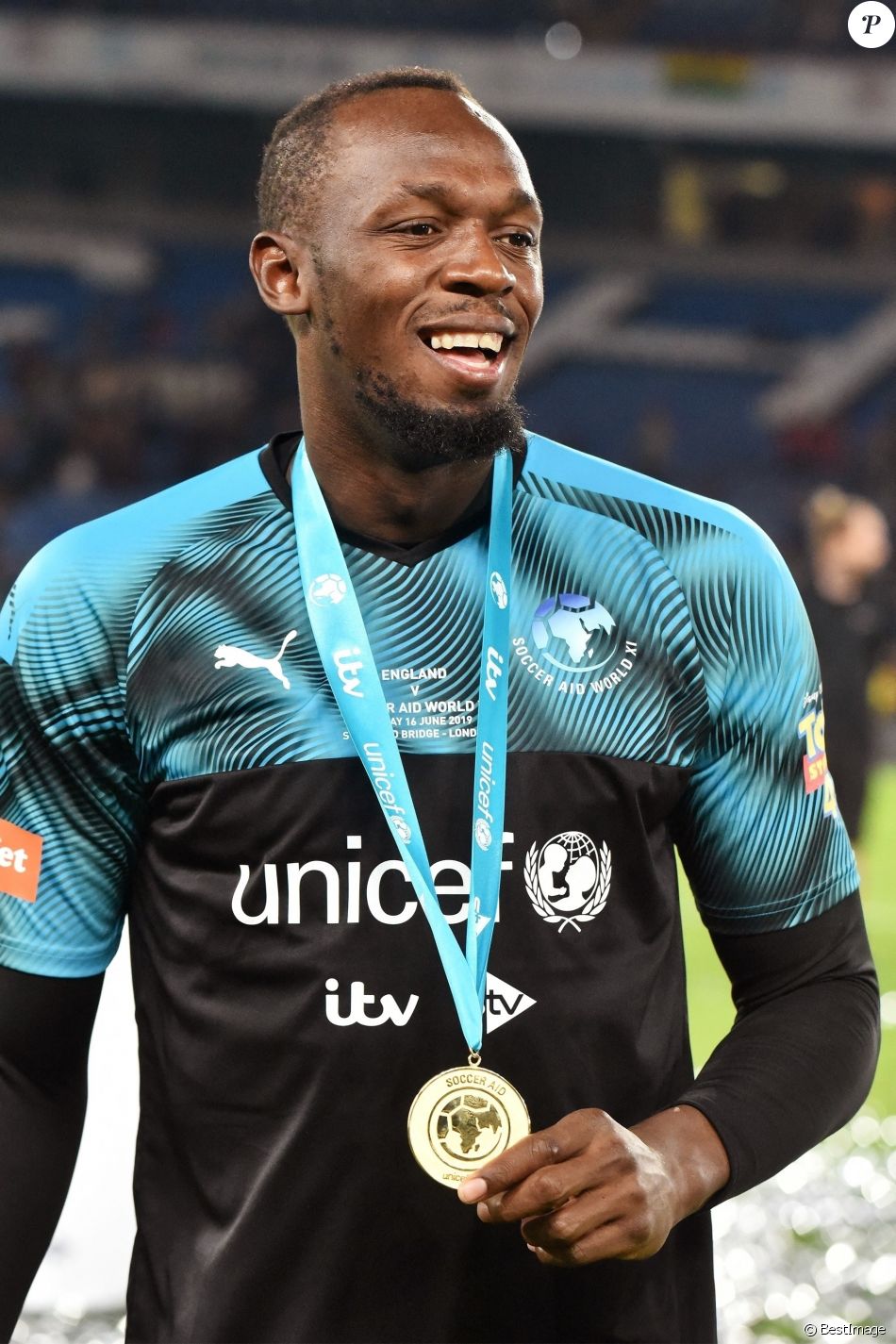 Usain Bolt participe au match caritatif "Soccer Aid for UNICEF 2019 - England vs Soccer Aid World XI" au stade de Stamford Bridge à Londres, le 16 juin 2019.