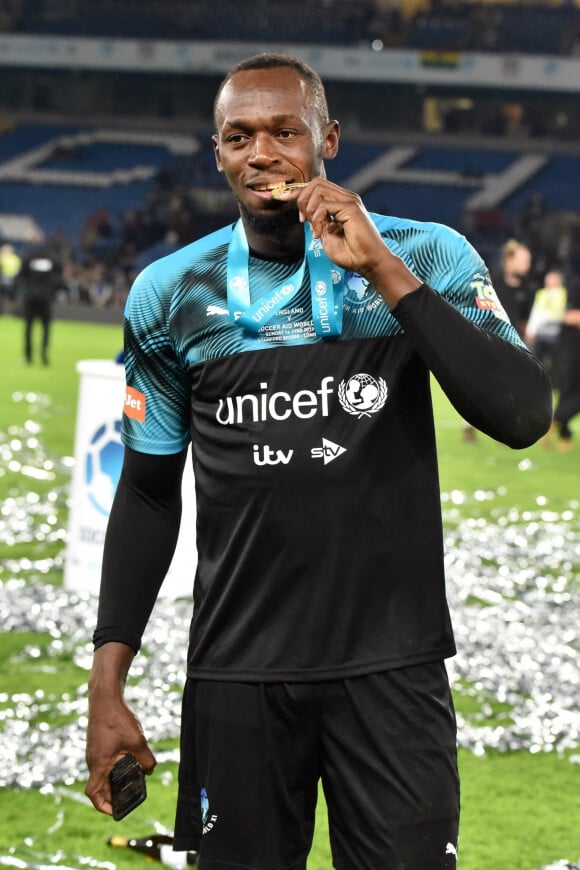 Usain Bolt participe au match caritatif "Soccer Aid for UNICEF 2019 - England vs Soccer Aid World XI" au stade de Stamford Bridge à Londres, le 16 juin 2019.