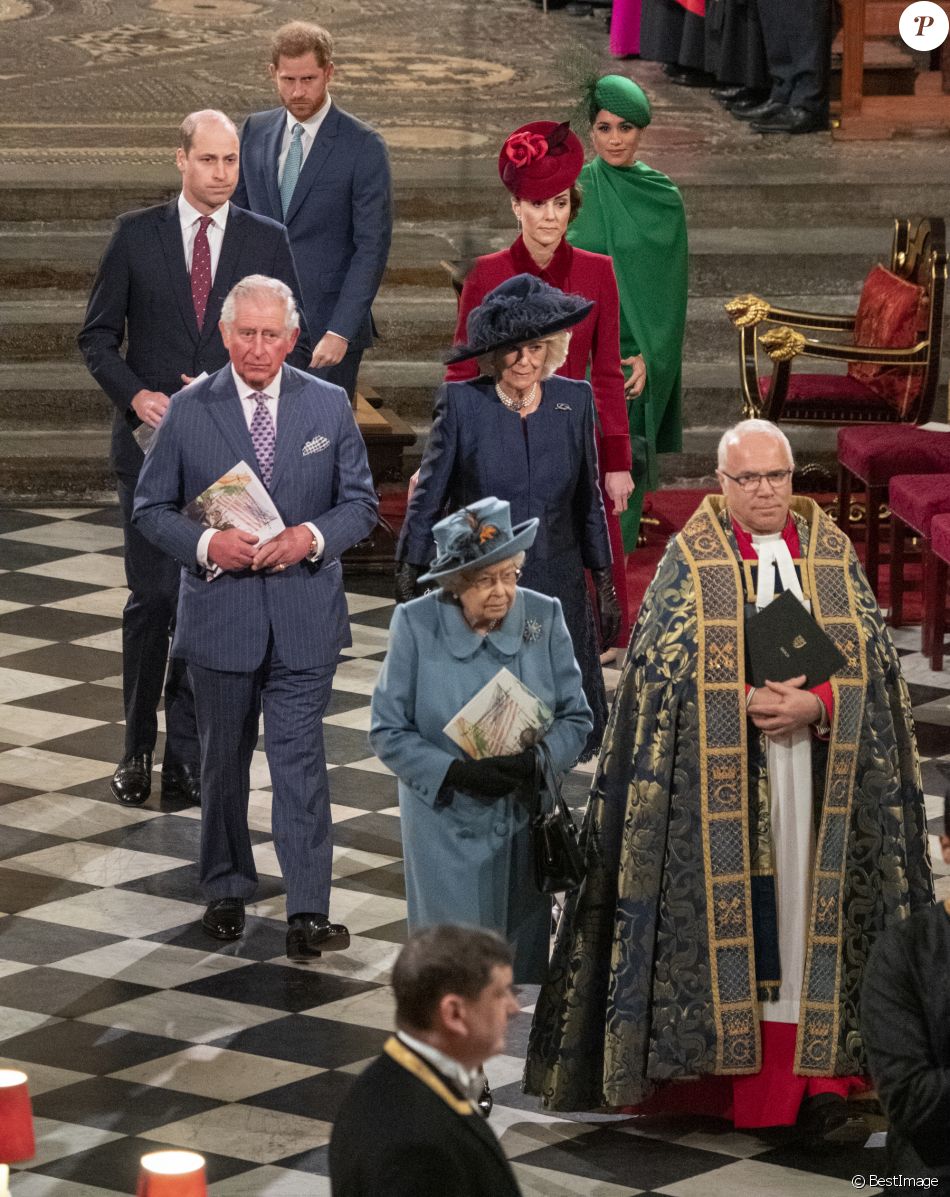 Le prince William, duc de Cambridge, et Catherine (Kate) Middleton, duchesse de Cambridge, Le prince Charles, prince de Galles, et Camilla Parker Bowles, duchesse de Cornouailles, La reine Elisabeth II d'Angleterre, Le prince Harry, duc de Sussex, Meghan Markle, duchesse de Sussex - La famille royale d'Angleterre lors de la cérémonie du Commonwealth en l'abbaye de Westminster à Londres le 9 mars 2020.