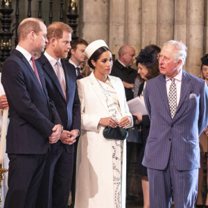 Kate Middleton, duchesse de Cambridge, le prince William, duc de Cambridge, le prince Harry, duc de Sussex, Meghan Markle, enceinte, duchesse de Sussex, le prince Charles, prince de Galles lors de la messe en l'honneur de la journée du Commonwealth à l'abbaye de Westminster à Londres.