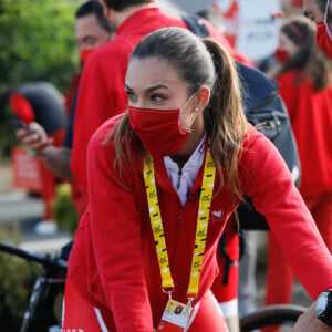 Exclusif - Marine Lorphelin (Miss France 2013) se prépare avant l'Étape du coeur lors du Tour de France 2021 entre Changé et Laval. Le 30 juin 2021. © Christophe Clovis/Bestimage