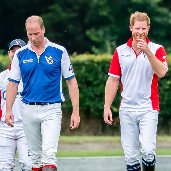 Le prince William, duc de Cambridge et son frère le prince Harry, duc de Sussex lors d'un match de polo de bienfaisance King Power Royal Charity Polo Day à Wokinghan, comté de Berkshire, Royaume Uni, le 10 juillet 2019.