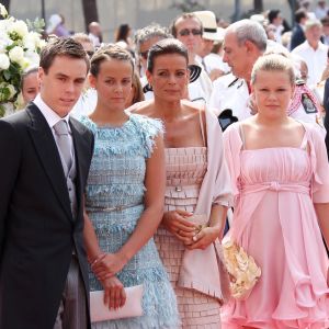 La princesse Stéphanie et ses enfants, Louis Ducruet, Pauline Ducruet et Camille Gottlieb au mariage religieux du prince Albert et Charlene Wittstock à Monaco.