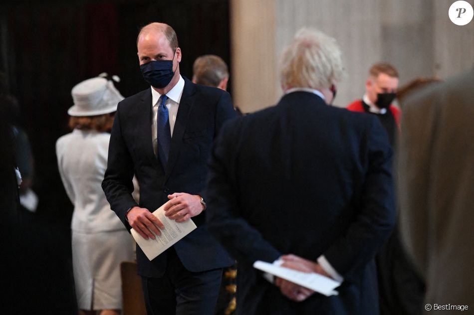 Le prince William, duc de Cambridge, assiste au 73 ème anniversaire du National Health Service à la cathédrale St Paul à Londres, le 5 juillet 2021, sans Kate Middleton, duchesse de Cambridge, qui s'est mise à l'isolement en étant cas contact du coronavirus (Covid-19). Le Premier ministre britannique, Boris Johnson était également présent à la cérémonie en l'honneur du système de santé publique au Royaume-Uni.