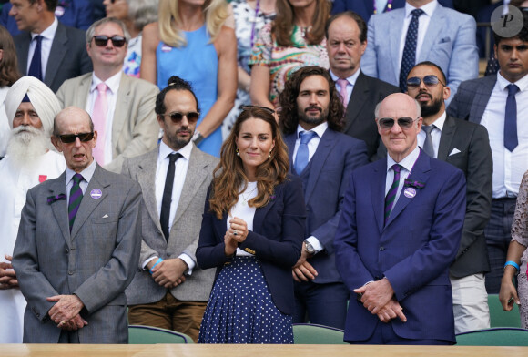 Catherine (Kate) Middleton, duchesse de Cambridge assiste à la cinquième journée de Wimbledon au All England Lawn Tennis and Croquet Club à Londres, Royaume Uni, le 2 juillet 2021.