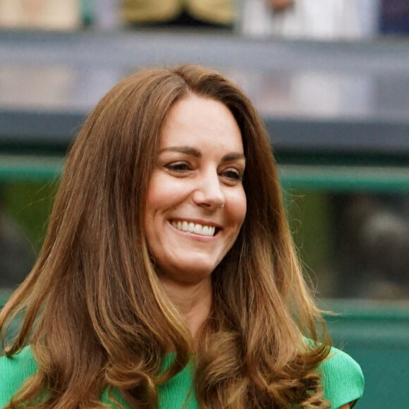 Kate Middleton, duchesse de Cambridge, sur le court central du tournoi de Wimbledon au All England Lawn Tennis and Croquet Club à Londres, Royaume Uni, le 10 juillet 2021.