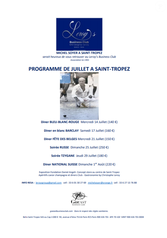 Christophe Leroy et son programme annonçant une soirée "Dîner Bzrclay" à Saint-Tropez.
