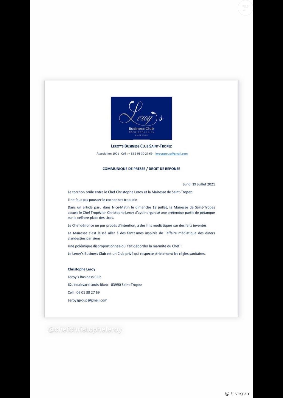 Pierre-Jean Chalençon affiche son soutien à son ami le chef Christophe Leroy.